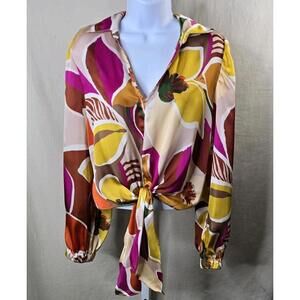 Adrienne Vittadini Multicolor Tie Neck V-Neck Blouse Top Women’s M Excellent